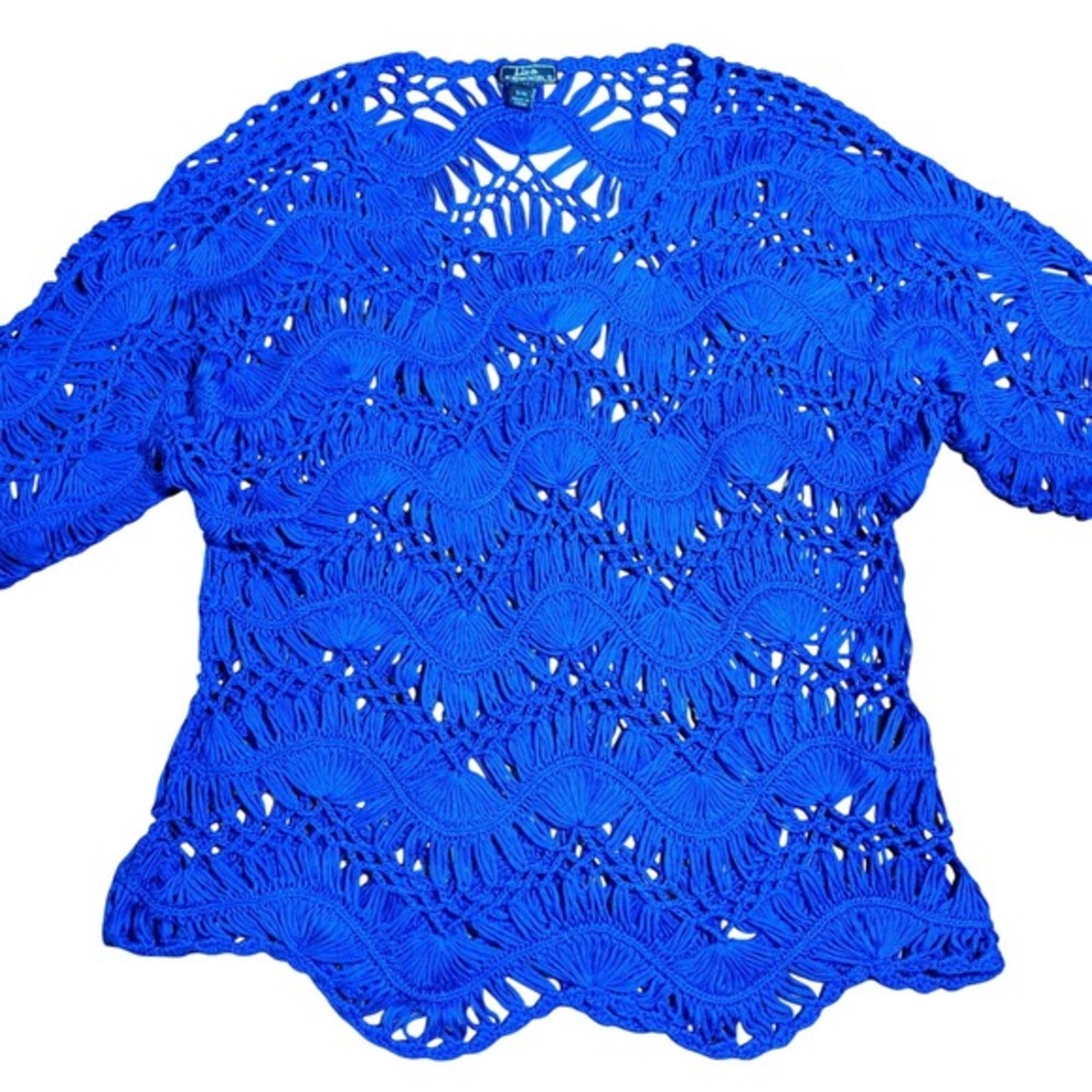 Lisa International‎ Royal Blue Crochet Knit Fringe V Neck Top Shirt artsy